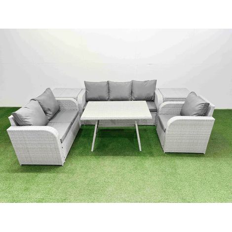 Fimous Rattan High Back Lounge Sofa Set Patio Dining Table & Chairs Set with 3 Seater Sofa Reclining Chair 2 Side Tables Light Grey (1/4)