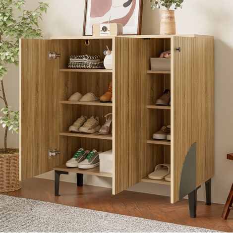 Schuhschrank 90x32x94 cm Holzfarben aus Spanplatte mit Stauraum und Ablage (1/5)