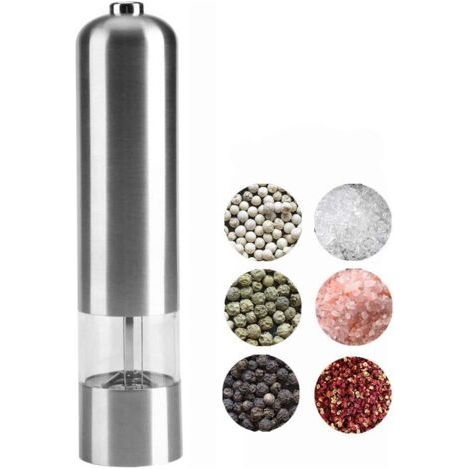 Electric Pepper Mill, Stainless Steel Salt Mill, Automatic Spice Grinder, Brushed Stainless Steel Electric Mills Adjustable Roughness with LED (Batteries Not Included) (1/4)