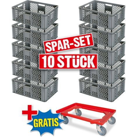 BRB Lot de 10 bacs Euro - L x l x h : 600 x 400 x 240 mm - Qualité alimentaire - Gris - Avec un rouleau de transport - Rouge (1/2)
