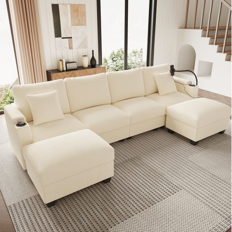 Modulares U-Ecksofa aus beigem Cord mit USB HAVRYA (1/5)