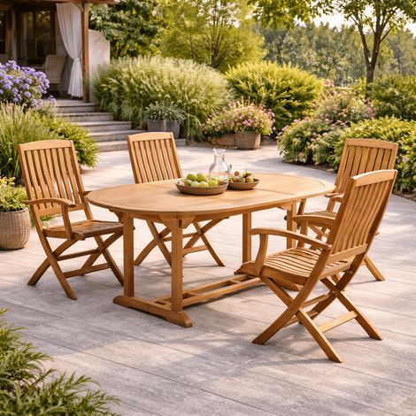 Conjunto mesa de jardín de teca ovalada Nina 160/210 y 4 sillones Lisato