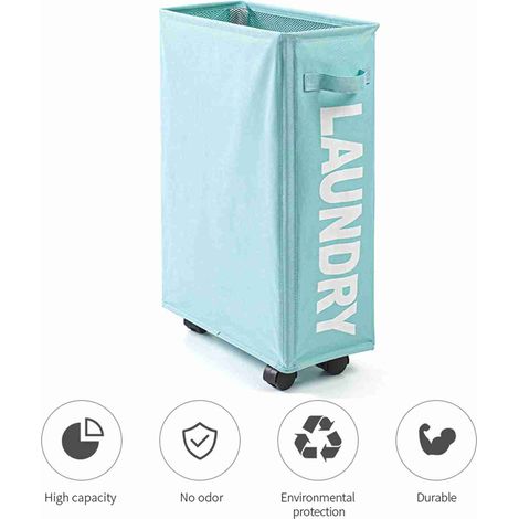 Panier à linge étroit à roulettes pivotantes d'angle pliable en toile Oxford corbeille à linge maille cordon organisateur linge sale avec 4 tiges (1/4)