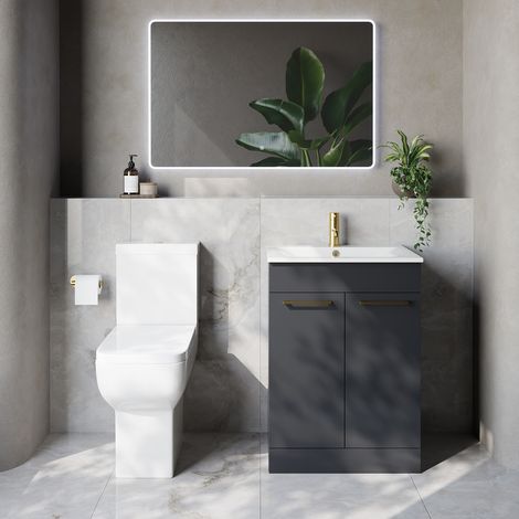 Napoli 460 Gloss Grey 600mm 2 Door Vanity Unit and Tacoma Comfort Height Toilet Suite with Angel Basin - 600mm - Brushed Brass 160mm Handle