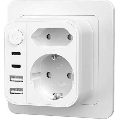 Multiprise avec 4 ports USB, adaptateur de prise avec port USB C, 2 prises avec interrupteur, double prise pour prise murale, blanc (1/5)