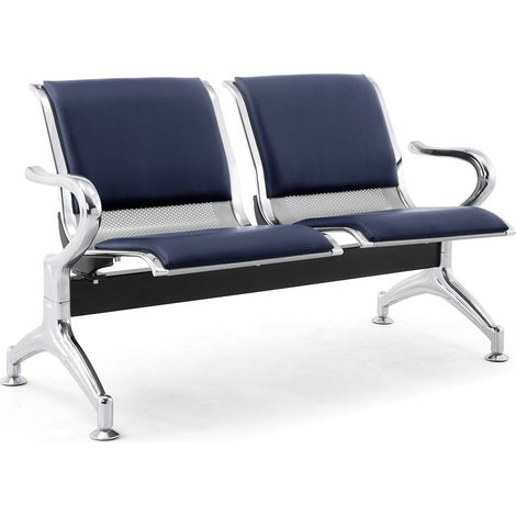 Panca per Sala Attesa 2 Posti da Ufficio con Cuscino in Acciaio e Similpelle Argento/Blu Navy (1/4)