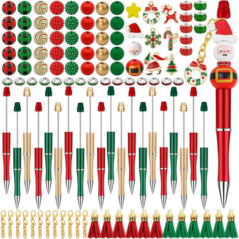 Kit de 152 piezas para hacer manualidades navideñas con bolígrafos para abalorios: 20 bolígrafos de 15 cm, 58 abalorios surtidos, 14 borlas, 20 cierres de mosquetón y 6 colgantes. Ideal para Navidad, 
