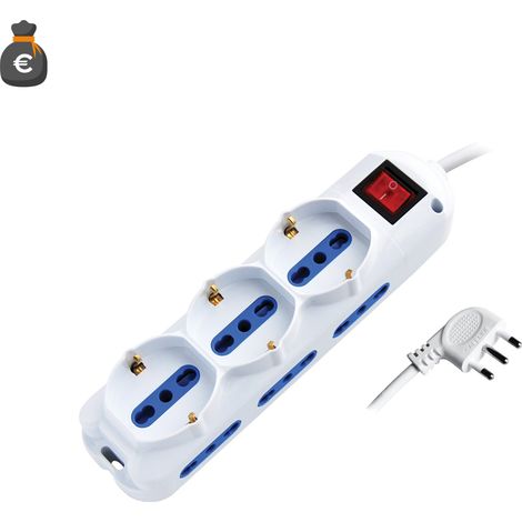 Multiprise Alcapower 9 Prises: 6x 10/16A + 3x Schuko Bipasso, Câble 1.5m, Fiche Coudée 90° 16A, Interrupteur Lumineux, Blanc, Haute Puissance SEO