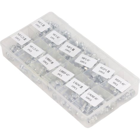 130 Pièces de raccords hydrauliques à graisse, kit complet avec 12 types de raccords SAE Zerk et mamelons de graissage (1/5)