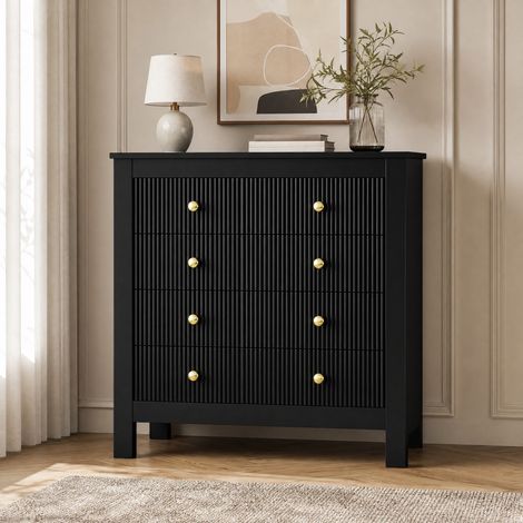 Comò in truciolare nero con 5 cassetti testurizzati, maniglie dorate e gambe robuste 79 x 39,5 x 80,5 cm (1/5)