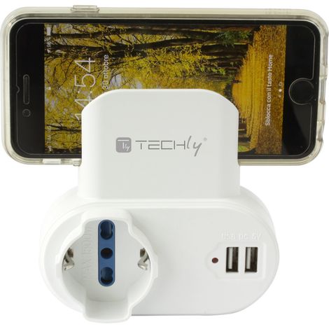 Techly Adattatore Presa bipasso/Schuko 2 USB 1A con porta telefono (1/5)