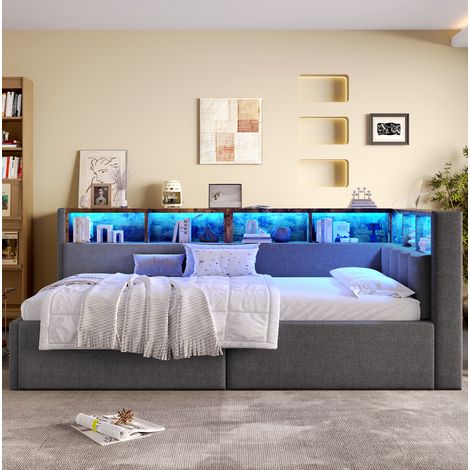 Lit banquette moderne en lin gris 90x200 cm avec tête de lit rangement, LED multicolore, USB et coffre hydraulique (1/5)