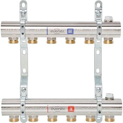 Collecteur chauffage laiton pour radiateur, 7 circuits, avec vanne de régulation, femelle 1'' (26/34) mâle 3/4'' EK (20/27) - Evenes