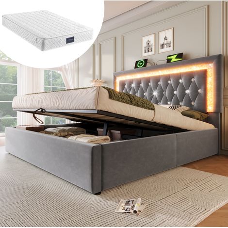 Letto contenitore 160x200 cm in velluto grigio con LED, USB e materasso - CHICFURN (1/5)