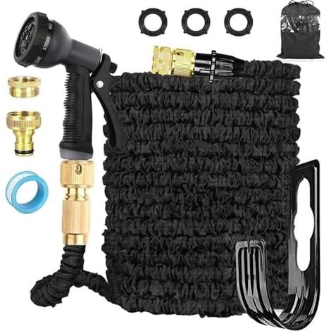 Tuyau d'Arrosage Extensible 60m, Arrosage avec 1/2" et 3/4" Adaptateurs, 8 Modes de Pulvérisation, Latex Triple Épaisseur Durable Raccords en Laiton Sac Noir 60M (1/5)