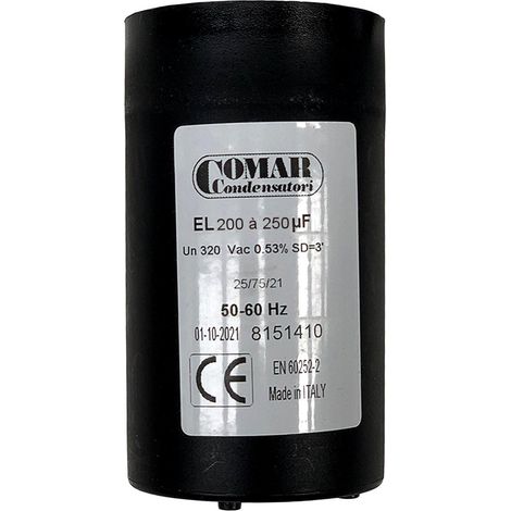 Condensateur de démarrage 200uF à 250uF 320V – Cosses FASTON – Pour moteur monophasé 50/60Hz – Température de travail -45°C à +65°C – Comar