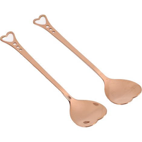 Lot de 2 cuillères à dessert en acier inoxydable, forme de cœur, résistantes à la corrosion, manche ergonomique, idéales pour le café, couleur or rose. (1/5)