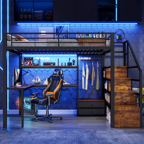 Lit superposé 90x200cm avec bureau intégré - Design moderne - Structure métallique robuste - Étagères de rangement - Barre de sécurité - noir (1/5)