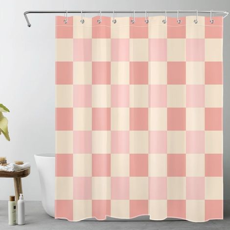 Rose Rose à Carreaux Rideaux de Douche 150x200cm(LxH) Beige Plaid Rideaux de Bain avec Crochets,Géométrique Abstrait Extra Longue Imperméable Polyester Anti Moule Salle de Bain Décor (1/5)