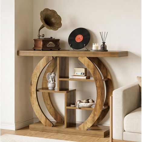 Table console 108x29x82 cm en bois marron avec 4 étagères, gain de place pour entrée – MEUBLIV (1/5)