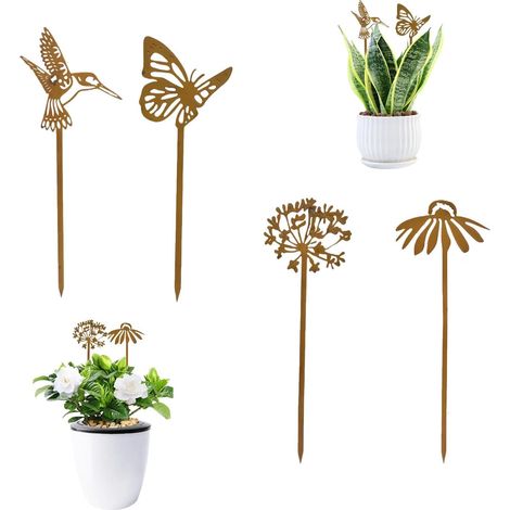 Lot de 4 piquets de jardin, métal rouillé, résistant aux intempéries, décoration extérieure, pour pelouse, cour, balcon, pot de fleurs