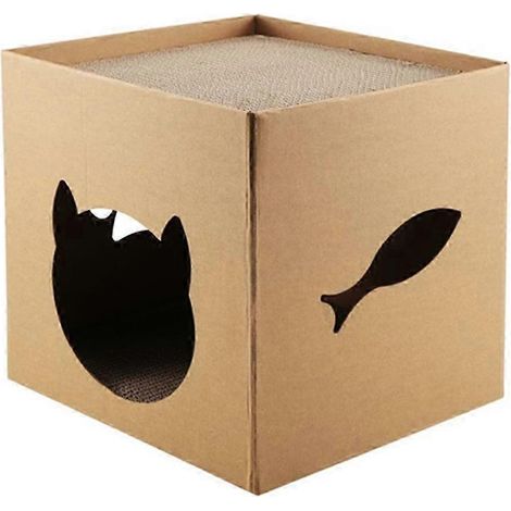 Maison en carton pour chat avec griffoir : un jeu amusant et une décoration pour chats, idéale pour les anniversaires et comme cachette pour petits animaux (lapins, etc.). (1/5)