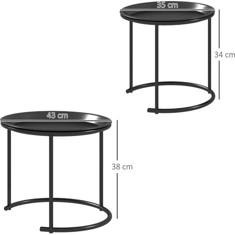Lot de 2 tables basses rondes empilables, table d'appoint en acier pour salon, chambre ou entrée, diamètre 43/35 cm, noir mat. (1/5)