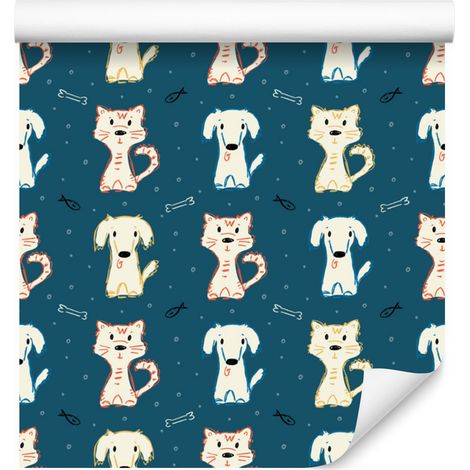 Carta da parati colorata con cani e gattini per soggiorno e camera da letto, 50x1000 cm (1/5)