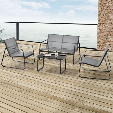 [En.Casa] – Salon de jardin Palencia 4 places – Acier noir et PVC gris clair – Table basse rectangulaire en verre trempé – Confort optimal (1/5)