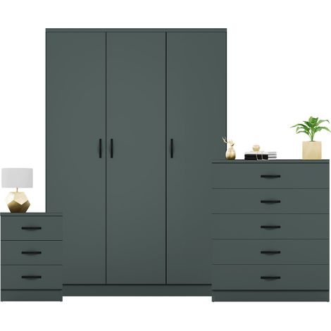 Riano 3 Piece Bedroom Set (3 Drawer Bedside Chest, 5 Drawer Chest, 3 Door Wardrobe), Green (1/3)