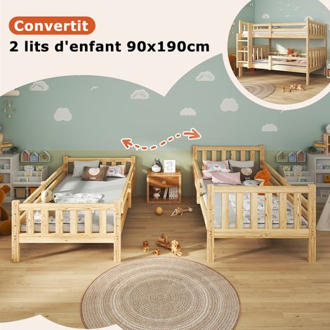 Lit superposé 90 x 190 cm en bois massif naturel avec sommier, avec barrière de sécurité, lit enfant avec echelle, 2 places, séparables, enfant interbeds