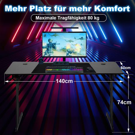 Wolketon Gaming Tisch, 140 x 60 cm großer Gaming-Schreibtisch mit Karbonfaserplatte, ergonomischer Computertisch mit Mauspad, Getränkehalter und Kopfhörerhaken, Schwarz (1/4)