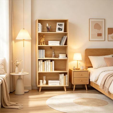 MEUBLIV Bibliothèque 60x24x144 cm chêne clair – 5 niches ouvertes sur pieds en bois (1/5)