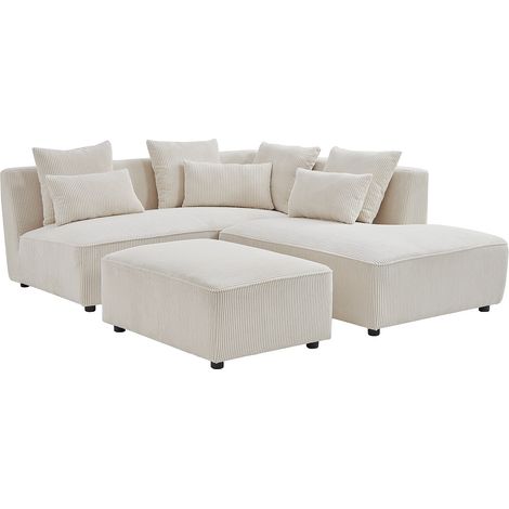Canapé d'angle droit et pouf en velours côtelé beige MECODI (1/4)
