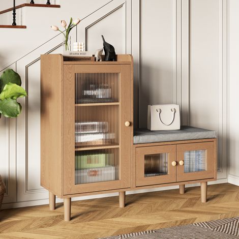 Meuble à chaussures avec banc, 100x35x90 cm, Armoire à chaussures avec assise, 3 portes transparentes, bois naturel (1/5)