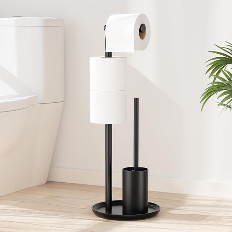Porte-papier toilette en acier inoxydable - Avec brosse WC - Avec porte-papier toilette debout et brosse WC - Noir mat (1/5)
