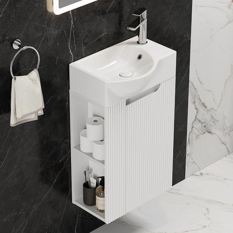 HOROW Waschbeckenunterschrank 40 cm mit Waschbecken und Seitenregal – Wandhängend, Weiß (1/5)