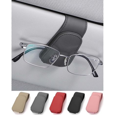 Car Glasses Holder, Leather Clip-on Car Visor Glasses Holder, for Sunglasses, Cards, Tickets, Gray (1/5)