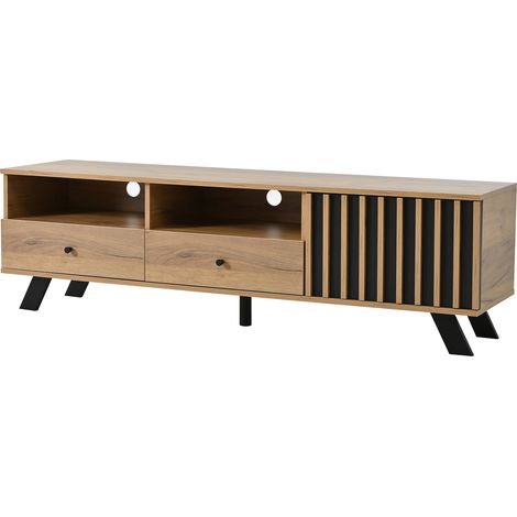 Meuble TV 150x38x44 cm en bois aggloméré avec 2 tiroirs et 1 placard, couleur bois naturel et noir, pour téléviseur jusqu'à 60 pouces (1/5)