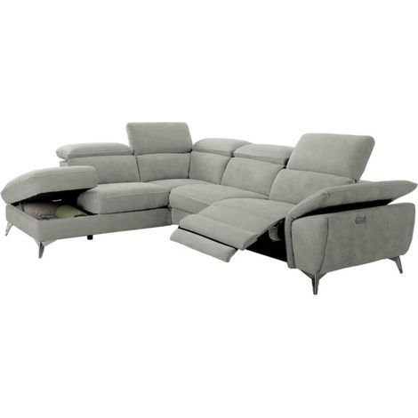 Les Tendances – Canapé d'angle électrique en microfibre – Relaxation avec têtières réglables – Coffre de rangement intégré – Gris clair – 273x212cm