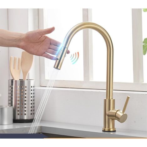 Robinets de cuisine à capteur tactile en or brossé, robinet mitigeur tactile inductif sensible, poignée unique, double sortie d'eau (1/4)