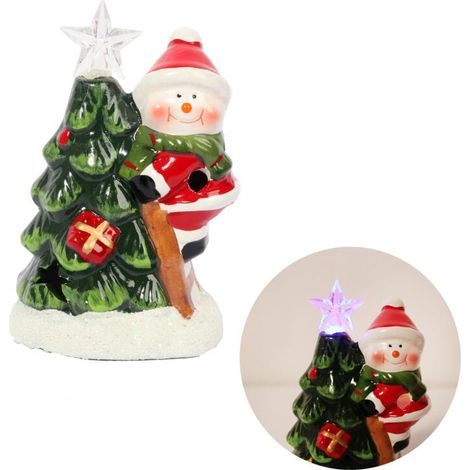 Farol navideño LED con forma de muñeco de nieve y árbol de Navidad - Adorno de cerámica (1/5)