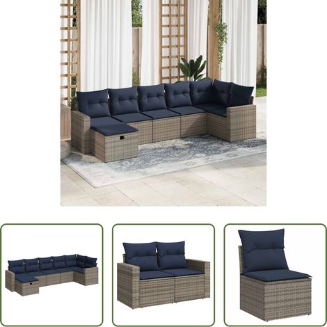 vidaXL Canapé en résine - Salon de jardin avec coussins 7 pcs gris résine tressée (1/5)