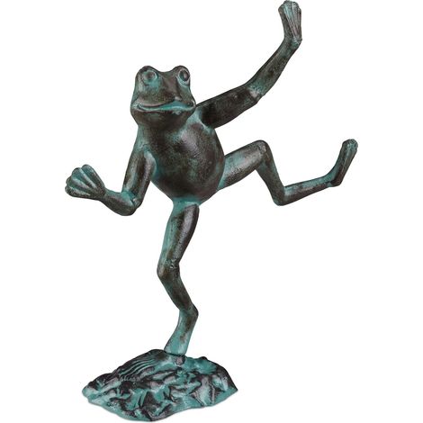 Set of 4 Relaxdays Garden Frog Figurines, Weatherproof, In- & Outdoor Toad, For Balcony, Pond, Cast Iron, Size L, Green
