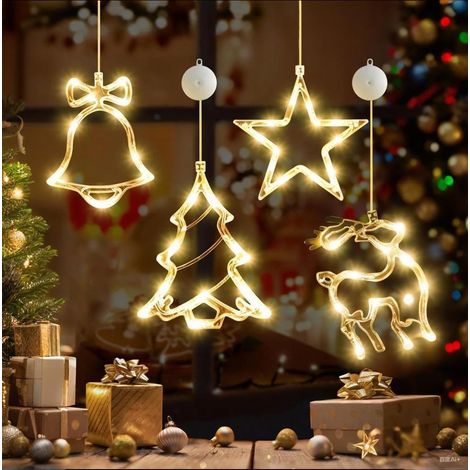 Weihnachtsbeleuchtung Fenster, 4 Stück Led Weihnachtsdeko Innen Fensterbeleuchtung Weihnachten Lichterkette Batterie Fenster Beleuchtet mit Saugnäpfe Warmweiß Lichtervorhang für Fensterdeko (LED-4) (1/5)
