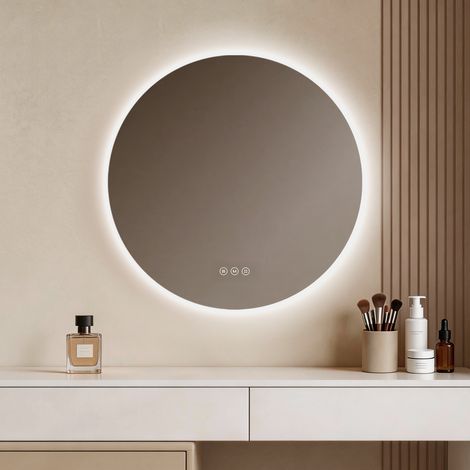 EMKE LED-Badspiegel Rund Ø 80 cm mit Antibeschlag, Touchsteuerung, dimmbar, 3 Lichtfarben und Memory-Funktion