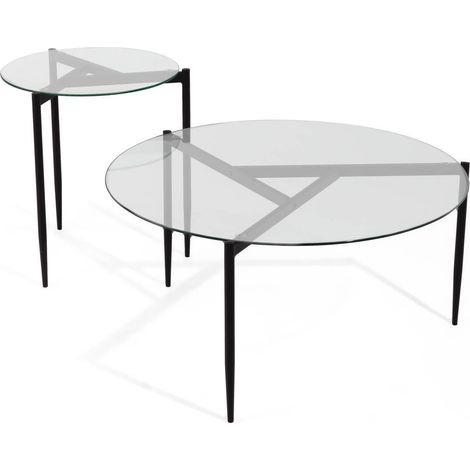Set de dos mesas auxiliares FEVER cristal transparente y pies metálicos color negro (1/2)