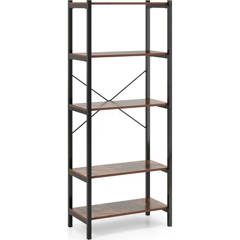 GOPLUS Bibliothèque Étagè avec 5 Niveaux, Cadre en Métal, Structure en Forme de X, Dispositif de Basculement, Style Vintage pour Salon, Bureau, Marron Rustique, 66 x 34 x160cm (1/5)