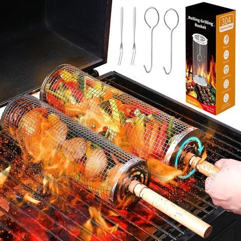 Ensemble de paniers à grillades enroulables et emboîtables (avec poignée en bois , 2 pièces) , paniers à grillades portables enroulables , accessoires pour grillades de légumes et de poisson en plein (1/3)
