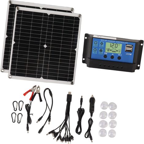 Kit panneau solaire 50W + régulateur de charge 60A, 2 ports USB, pour camping-car, randonnée et panne de courant (1/5)